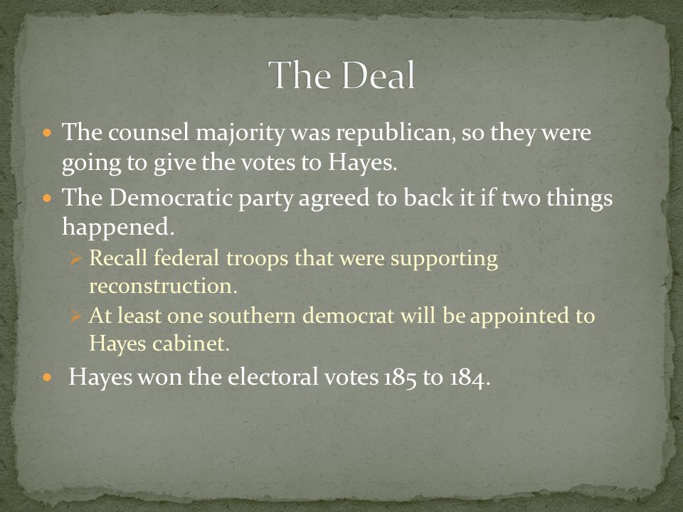 The counsel majority was republican, so they were going to give the votes to Hayes.