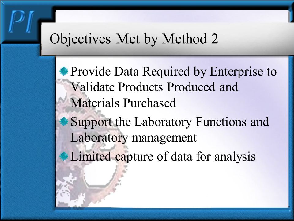 Objectives Met by Method 2 Provide Data Required by Enterprise to Validate Products Produced and Materials Purchased Support the Laboratory Functions and Laboratory management Limited capture of data for analysis
