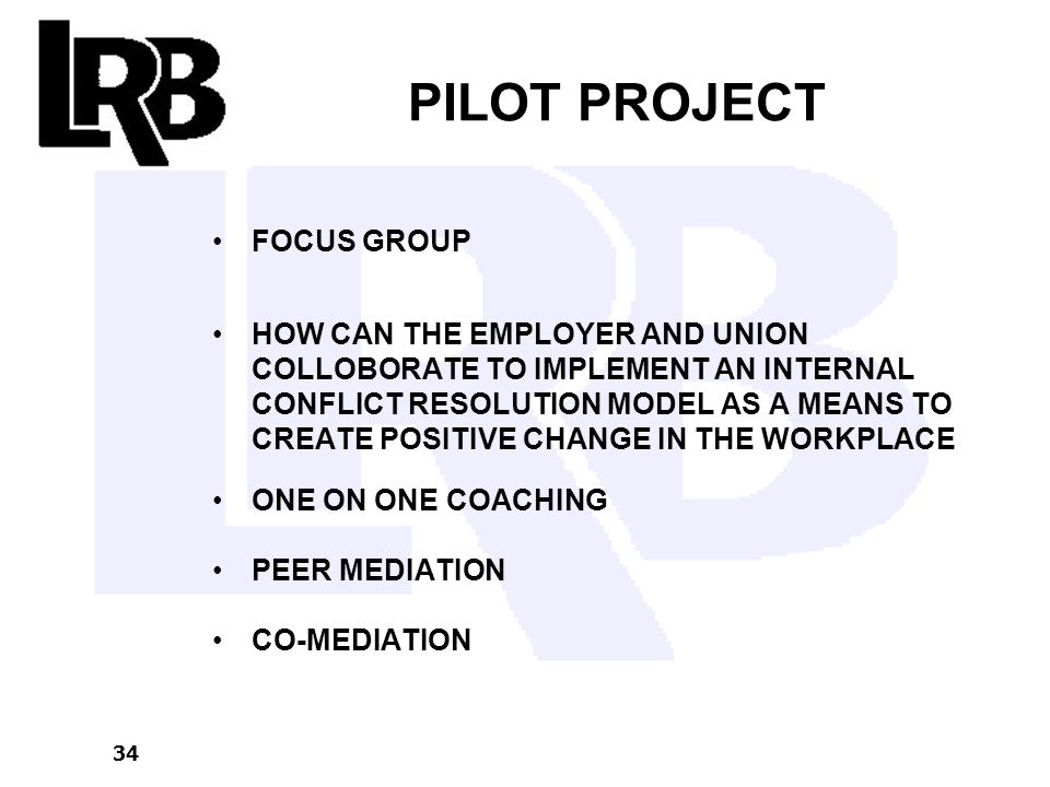 34 PILOT PROJECT FOCUS GROUP HOW CAN THE EMPLOYER AND UNION COLLOBORATE TO IMPLEMENT AN INTERNAL CONFLICT RESOLUTION MODEL AS A MEANS TO CREATE POSITIVE CHANGE IN THE WORKPLACE ONE ON ONE COACHING PEER MEDIATION CO-MEDIATION