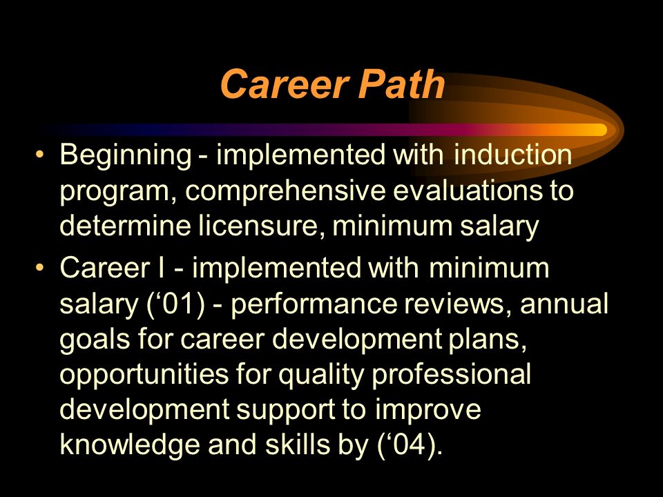 Career Path Beginning - implemented with induction program, comprehensive evaluations to determine licensure, minimum salary Career I - implemented with minimum salary (‘01) - performance reviews, annual goals for career development plans, opportunities for quality professional development support to improve knowledge and skills by (‘04).