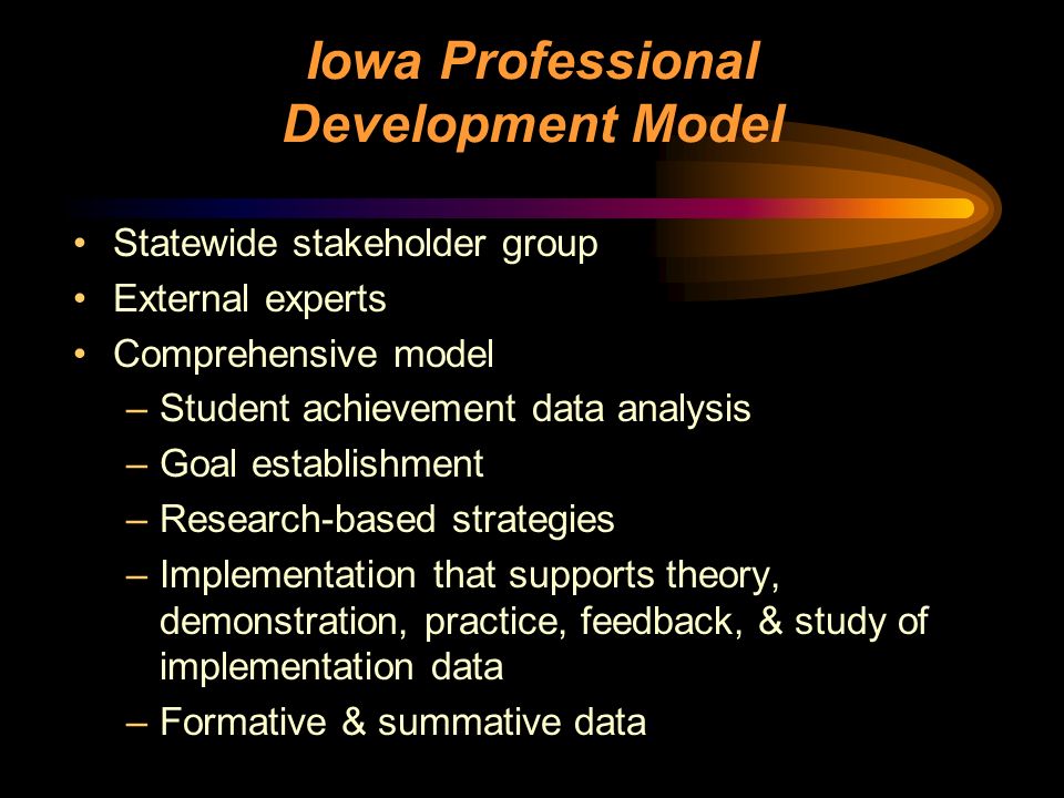 Iowa Professional Development Model Statewide stakeholder group External experts Comprehensive model –Student achievement data analysis –Goal establishment –Research-based strategies –Implementation that supports theory, demonstration, practice, feedback, & study of implementation data –Formative & summative data