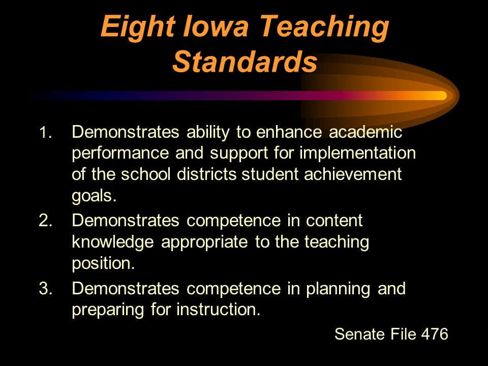 Eight Iowa Teaching Standards 1.Demonstrates ability to enhance academic performance and support for implementation of the school districts student achievement goals.