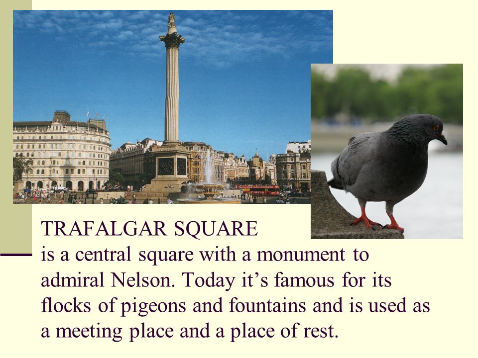 TRAFALGAR SQUARE is a central square with a monument to admiral Nelson.
