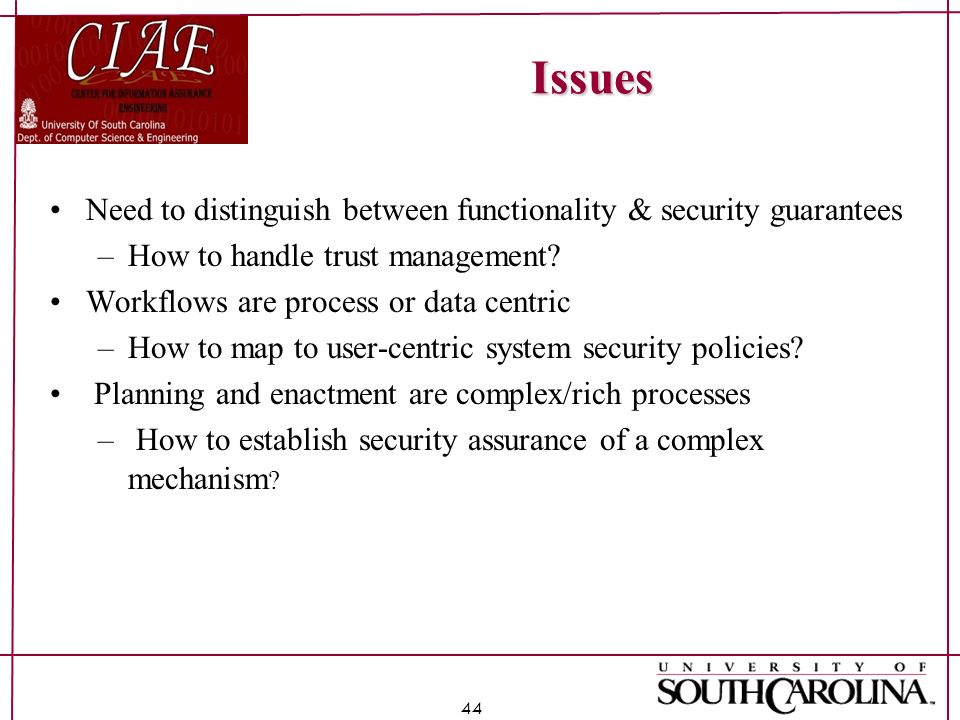 Issues Need to distinguish between functionality & security guarantees –How to handle trust management.