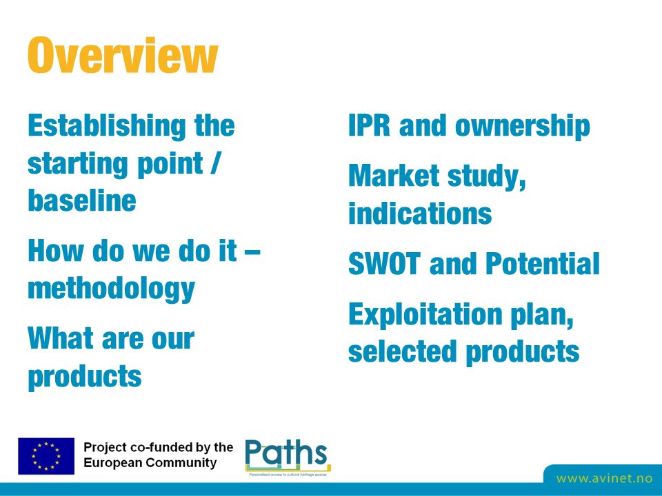 Overview Establishing the starting point / baseline How do we do it – methodology What are our products IPR and ownership Market study, indications SWOT and Potential Exploitation plan, selected products