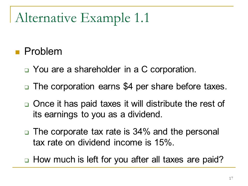 17 Alternative Example 1.1 Problem  You are a shareholder in a C corporation.