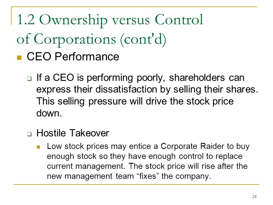 Ownership versus Control of Corporations (cont d) CEO Performance  If a CEO is performing poorly, shareholders can express their dissatisfaction by selling their shares.