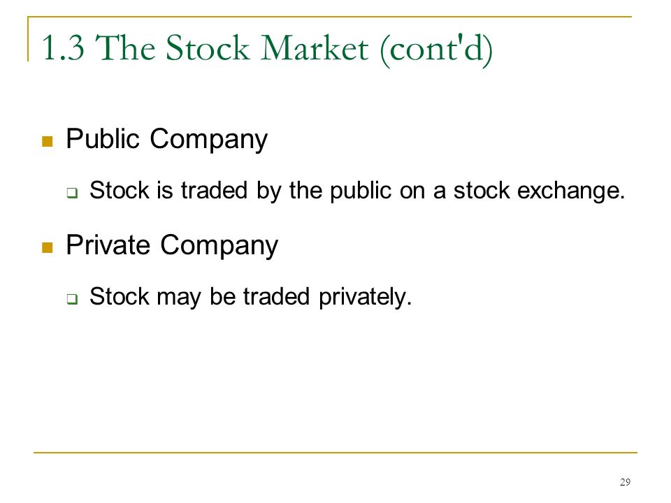 The Stock Market (cont d) Public Company  Stock is traded by the public on a stock exchange.