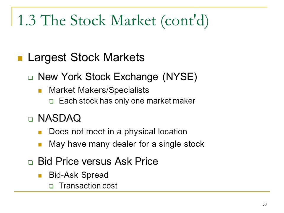 The Stock Market (cont d) Largest Stock Markets  New York Stock Exchange (NYSE) Market Makers/Specialists  Each stock has only one market maker  NASDAQ Does not meet in a physical location May have many dealer for a single stock  Bid Price versus Ask Price Bid-Ask Spread  Transaction cost