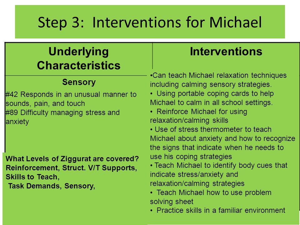 Step 3: Interventions for Michael Underlying Characteristics Interventions Sensory #42 Responds in an unusual manner to sounds, pain, and touch #89 Difficulty managing stress and anxiety Can teach Michael relaxation techniques including calming sensory strategies.