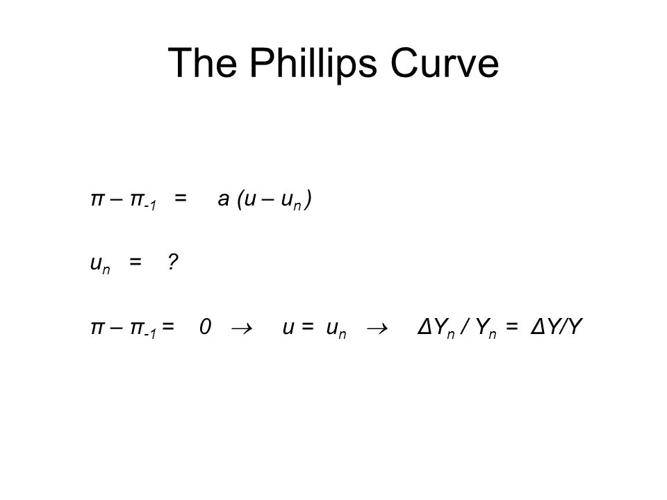 The Phillips Curve π – π -1 = a (u – u n ) u n = π – π -1 = 0  u = u n  ΔY n / Y n = ΔY/Y