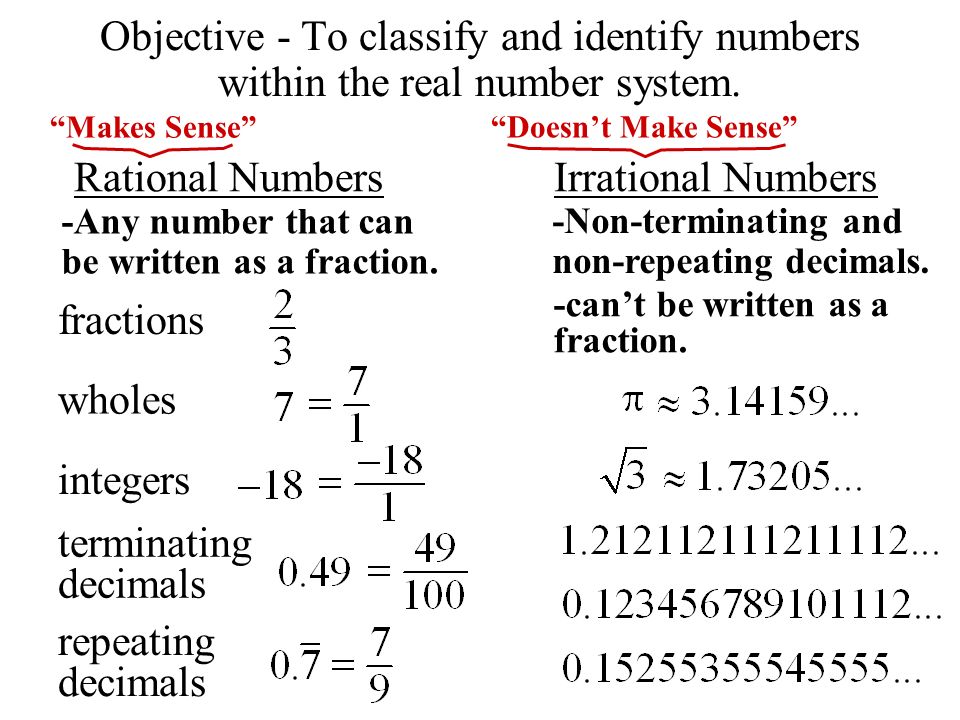 Objective - To classify and identify numbers within the real number system.