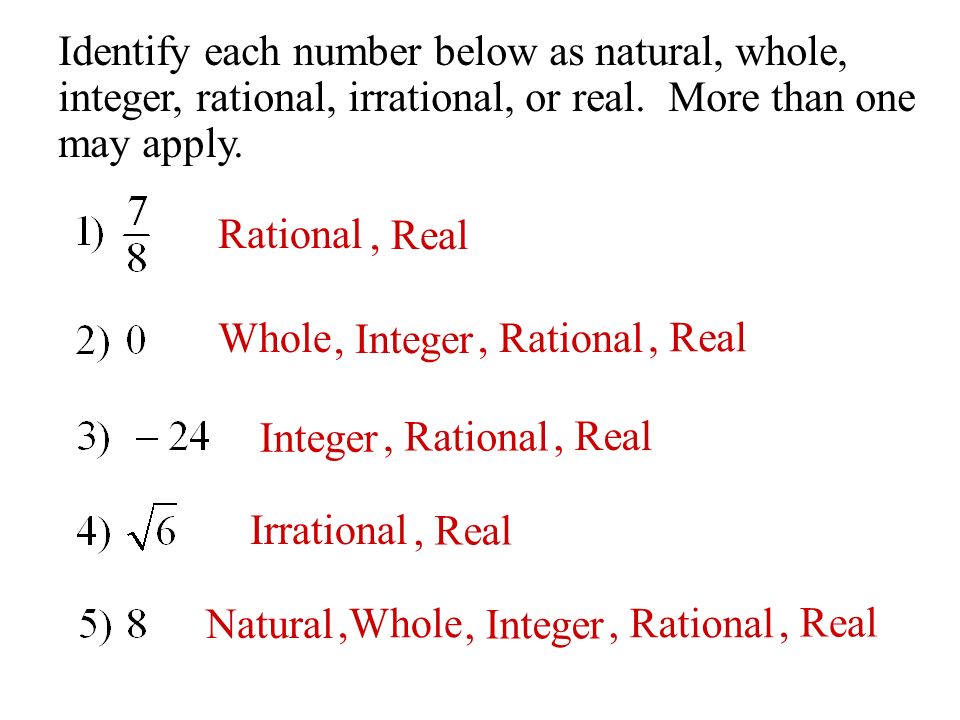 Identify each number below as natural, whole, integer, rational, irrational, or real.