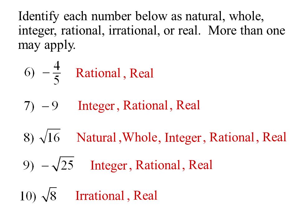 Identify each number below as natural, whole, integer, rational, irrational, or real.