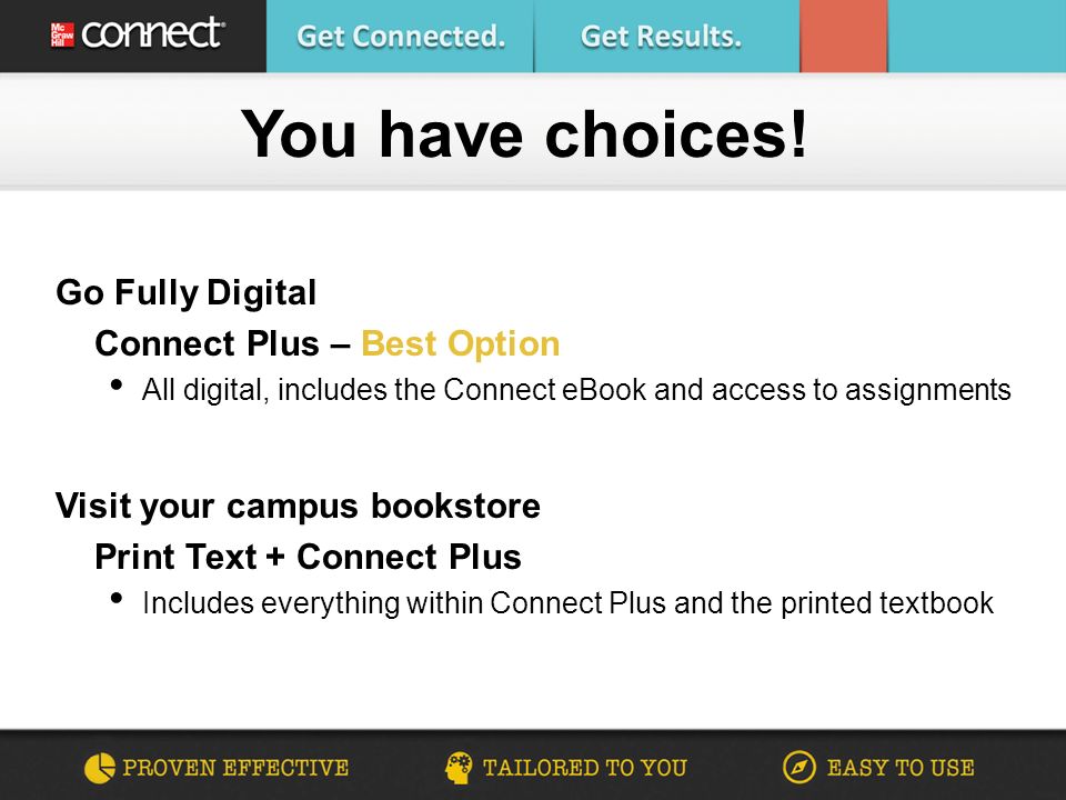 Go Fully Digital Connect Plus – Best Option All digital, includes the Connect eBook and access to assignments Visit your campus bookstore Print Text + Connect Plus Includes everything within Connect Plus and the printed textbook You have choices!