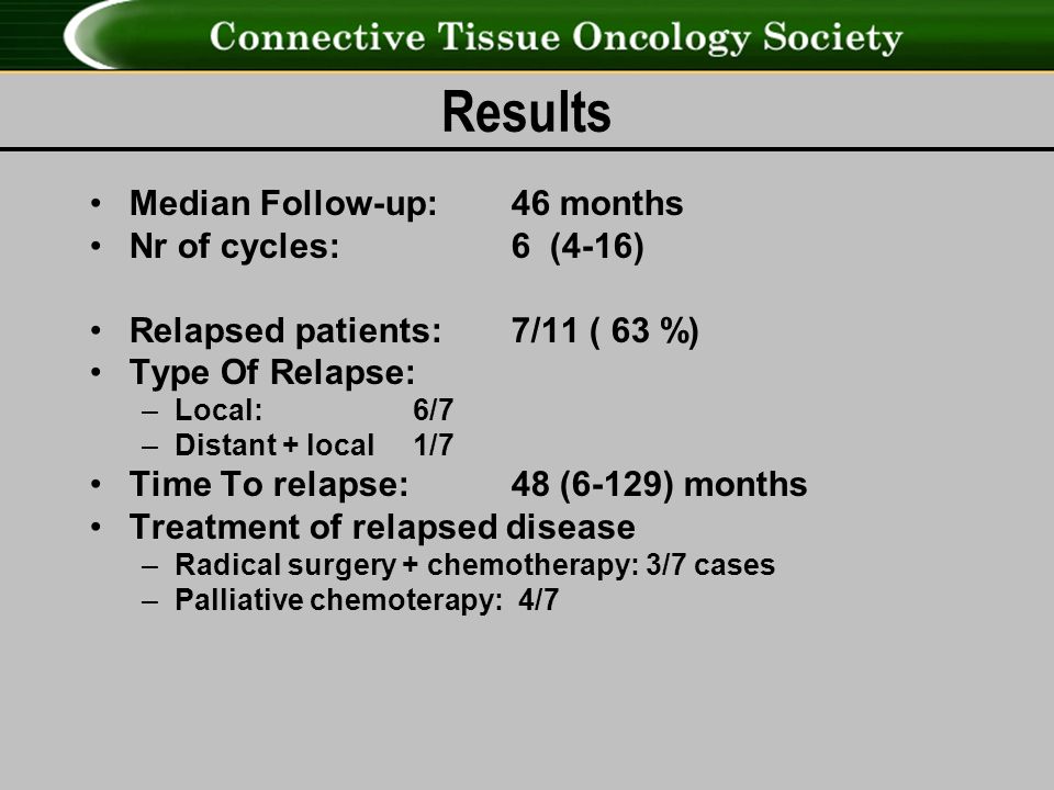 Results Median Follow-up:46 months Nr of cycles: 6 (4-16) Relapsed patients: 7/11 ( 63 %) Type Of Relapse: –Local: 6/7 –Distant + local 1/7 Time To relapse:48 (6-129) months Treatment of relapsed disease –Radical surgery + chemotherapy: 3/7 cases –Palliative chemoterapy: 4/7
