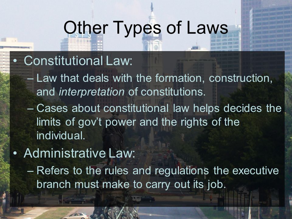 Other Types of Laws Constitutional Law: –Law that deals with the formation, construction, and interpretation of constitutions.