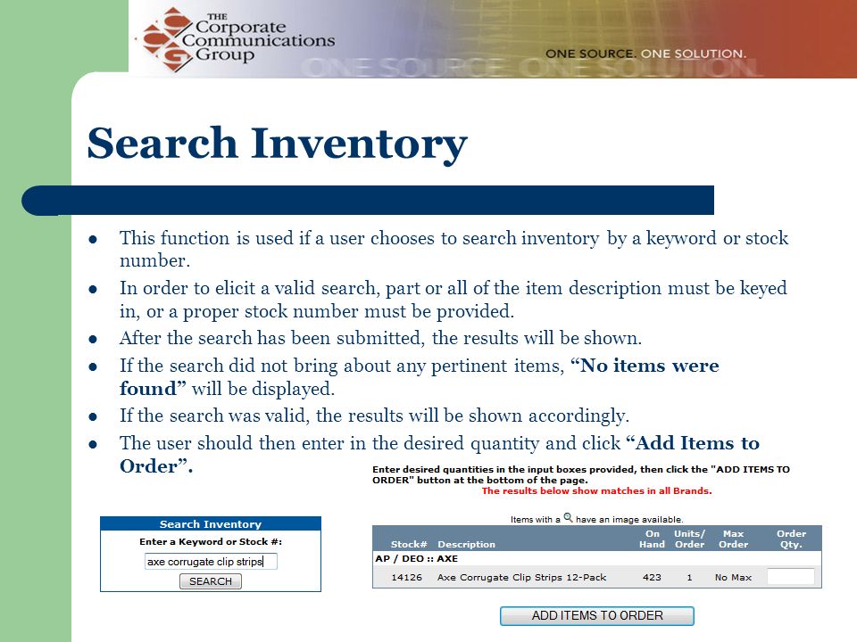 This function is used if a user chooses to search inventory by a keyword or stock number.