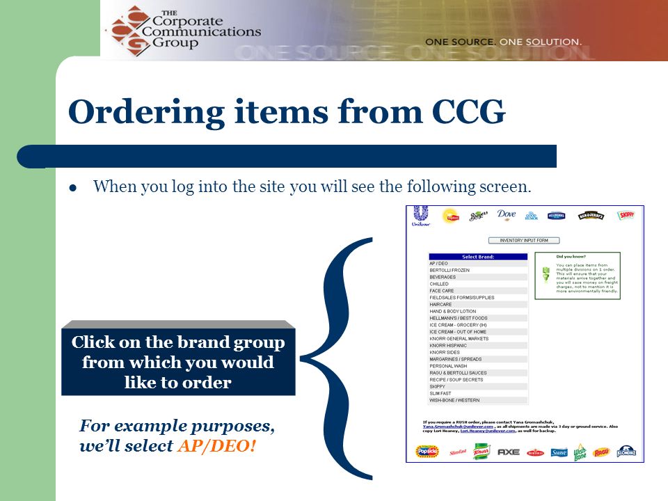 Ordering items from CCG When you log into the site you will see the following screen.