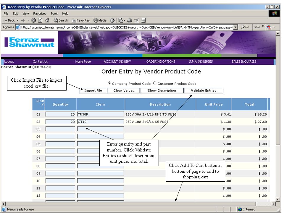 Enter quantity and part number. Click Validate Entries to show description, unit price, and total.