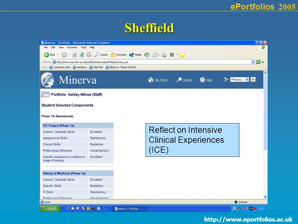 ePortfolios 2005Sheffield Reflect on Intensive Clinical Experiences (ICE)
