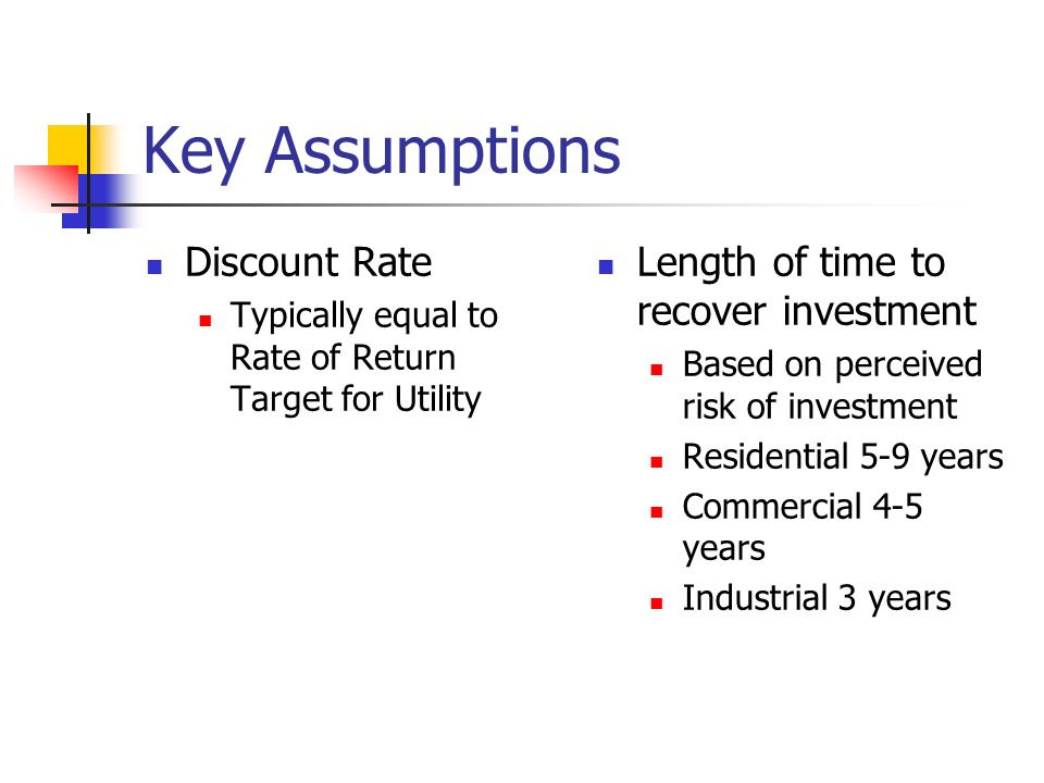 Key Assumptions Discount Rate Typically equal to Rate of Return Target for Utility Length of time to recover investment Based on perceived risk of investment Residential 5-9 years Commercial 4-5 years Industrial 3 years