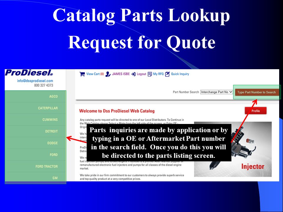 Catalog Parts Lookup Request for Quote Parts inquiries are made by application or by typing in a OE or Aftermarket Part number in the search field.
