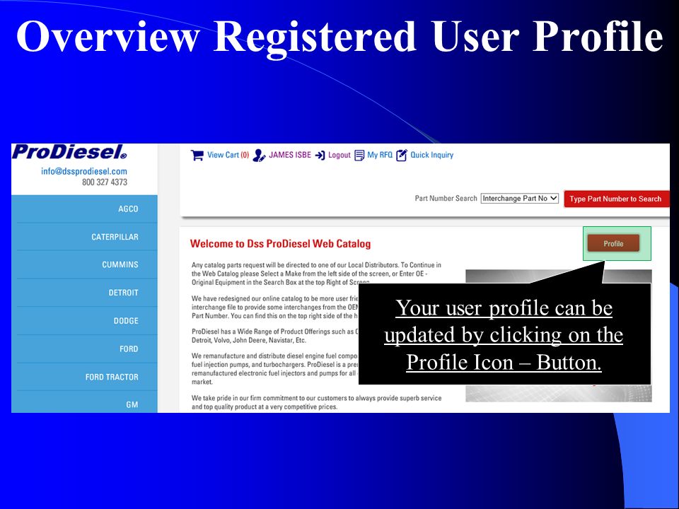Overview Registered User Profile Your user profile can be updated by clicking on the Profile Icon – Button.