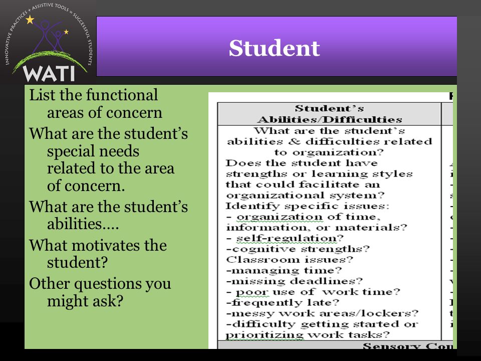 Student List the functional areas of concern What are the student’s special needs related to the area of concern.