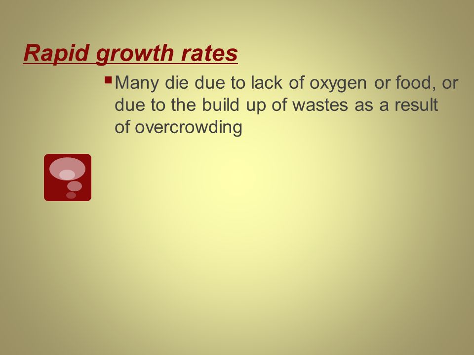 Rapid growth rates  Many die due to lack of oxygen or food, or due to the build up of wastes as a result of overcrowding