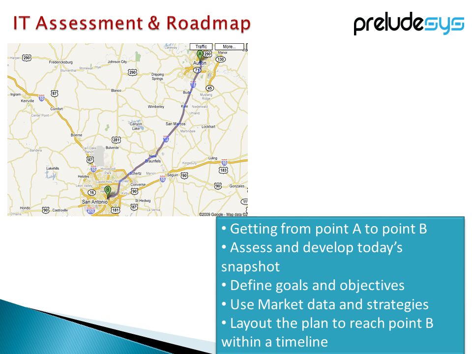 Getting from point A to point B Assess and develop today’s snapshot Define goals and objectives Use Market data and strategies Layout the plan to reach point B within a timeline Getting from point A to point B Assess and develop today’s snapshot Define goals and objectives Use Market data and strategies Layout the plan to reach point B within a timeline