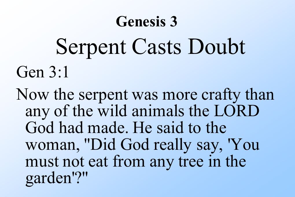 Serpent Casts Doubt Gen 3:1 Now the serpent was more crafty than any of the wild animals the LORD God had made.
