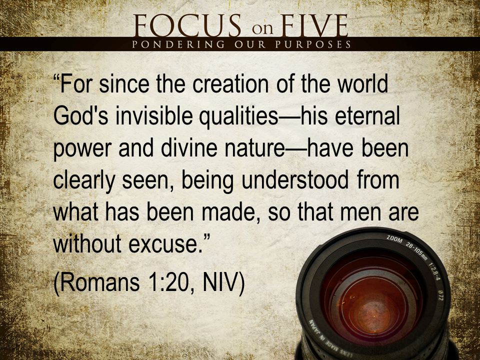 For since the creation of the world God s invisible qualities—his eternal power and divine nature—have been clearly seen, being understood from what has been made, so that men are without excuse. (Romans 1:20, NIV)