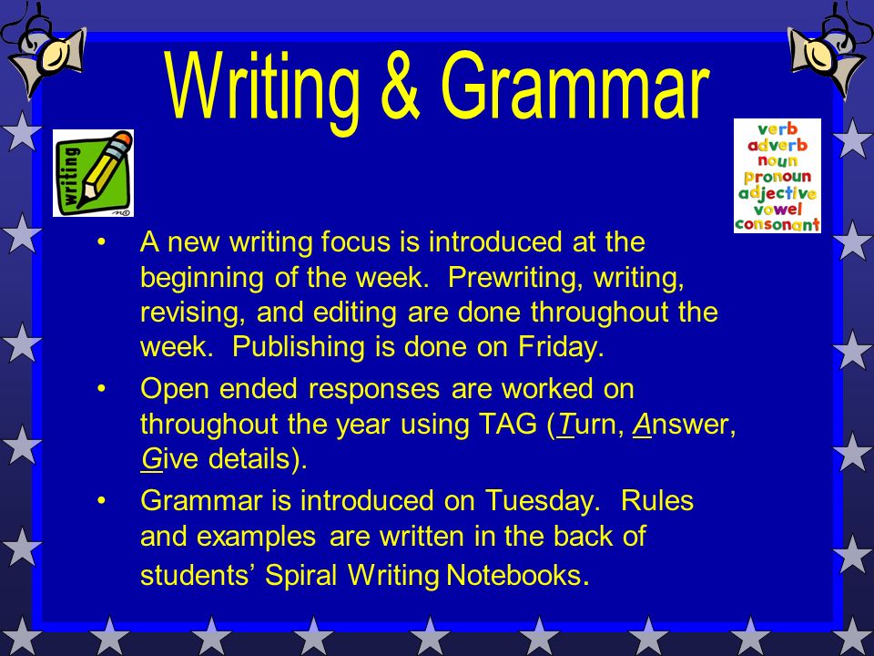A new writing focus is introduced at the beginning of the week.