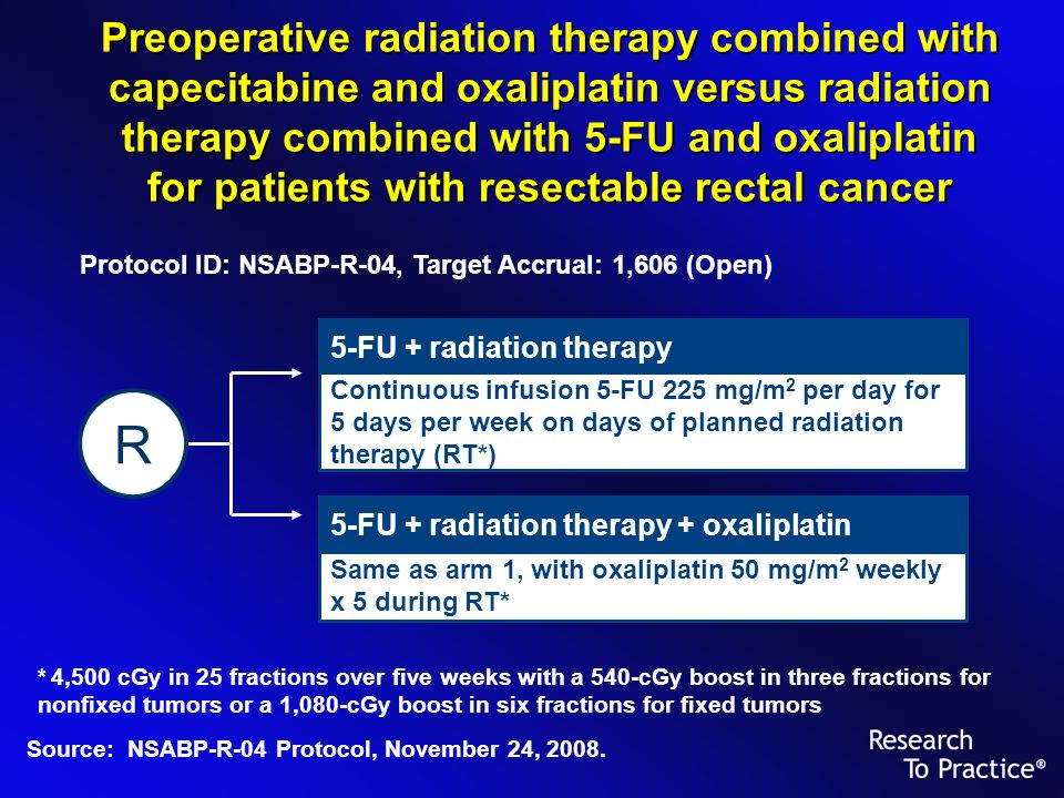 5-FU + radiation therapy Source: NSABP-R-04 Protocol, November 24, 2008.
