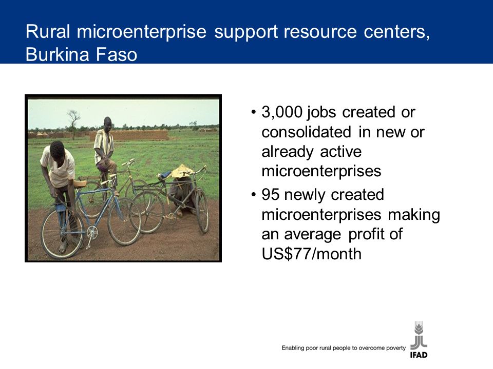 Rural microenterprise support resource centers, Burkina Faso 3,000 jobs created or consolidated in new or already active microenterprises 95 newly created microenterprises making an average profit of US$77/month