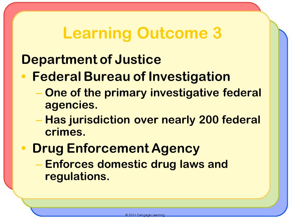 © 2011 Cengage Learning Learning Outcome 3 Department of Justice Federal Bureau of Investigation – One of the primary investigative federal agencies.