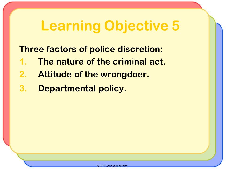 © 2011 Cengage Learning Learning Objective 5 Three factors of police discretion: 1.The nature of the criminal act.