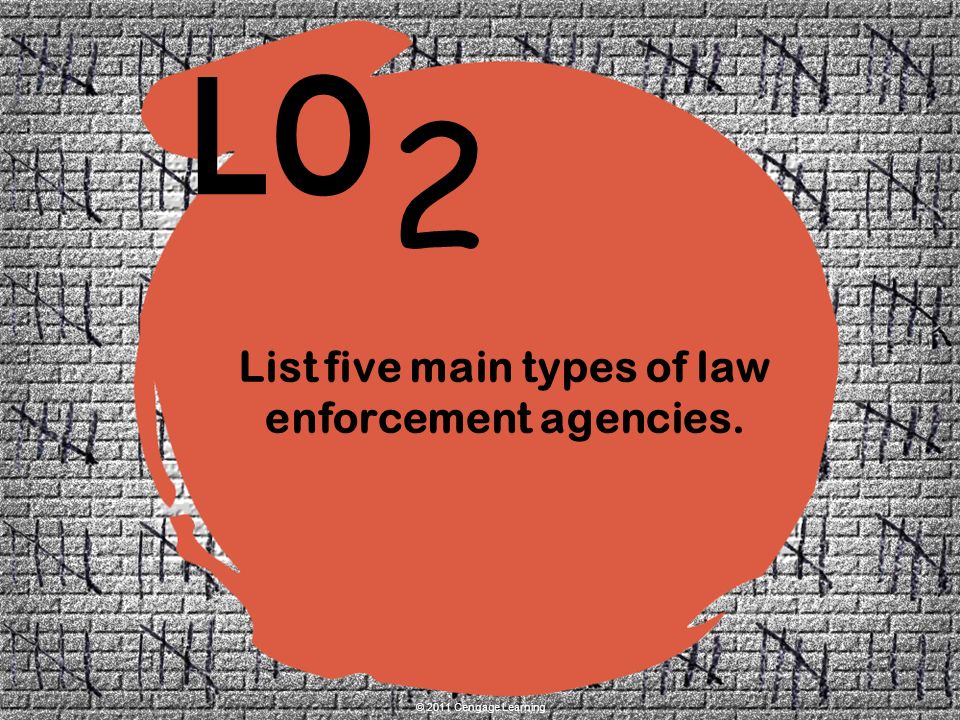 2 LO © 2011 Cengage Learning List five main types of law enforcement agencies.