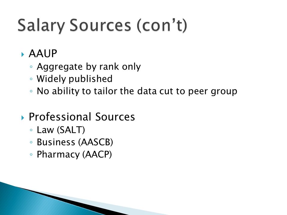  AAUP ◦ Aggregate by rank only ◦ Widely published ◦ No ability to tailor the data cut to peer group  Professional Sources ◦ Law (SALT) ◦ Business (AASCB) ◦ Pharmacy (AACP)