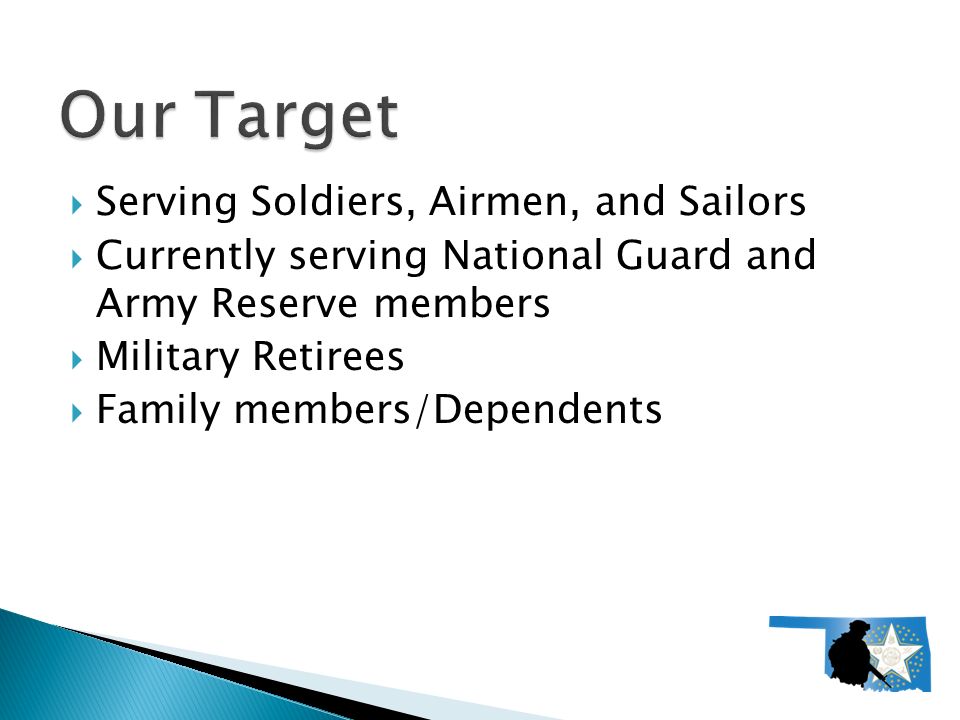  Serving Soldiers, Airmen, and Sailors  Currently serving National Guard and Army Reserve members  Military Retirees  Family members/Dependents