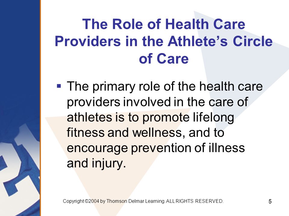 5 The Role of Health Care Providers in the Athlete’s Circle of Care  The primary role of the health care providers involved in the care of athletes is to promote lifelong fitness and wellness, and to encourage prevention of illness and injury.