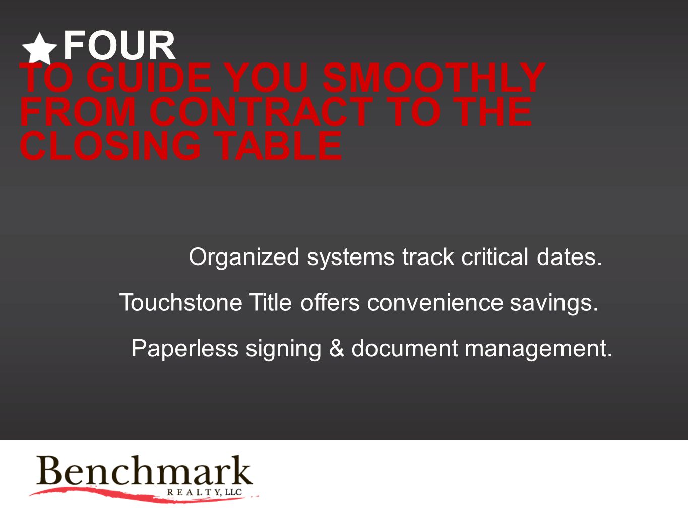 FOUR TO GUIDE YOU SMOOTHLY FROM CONTRACT TO THE CLOSING TABLE Organized systems track critical dates.