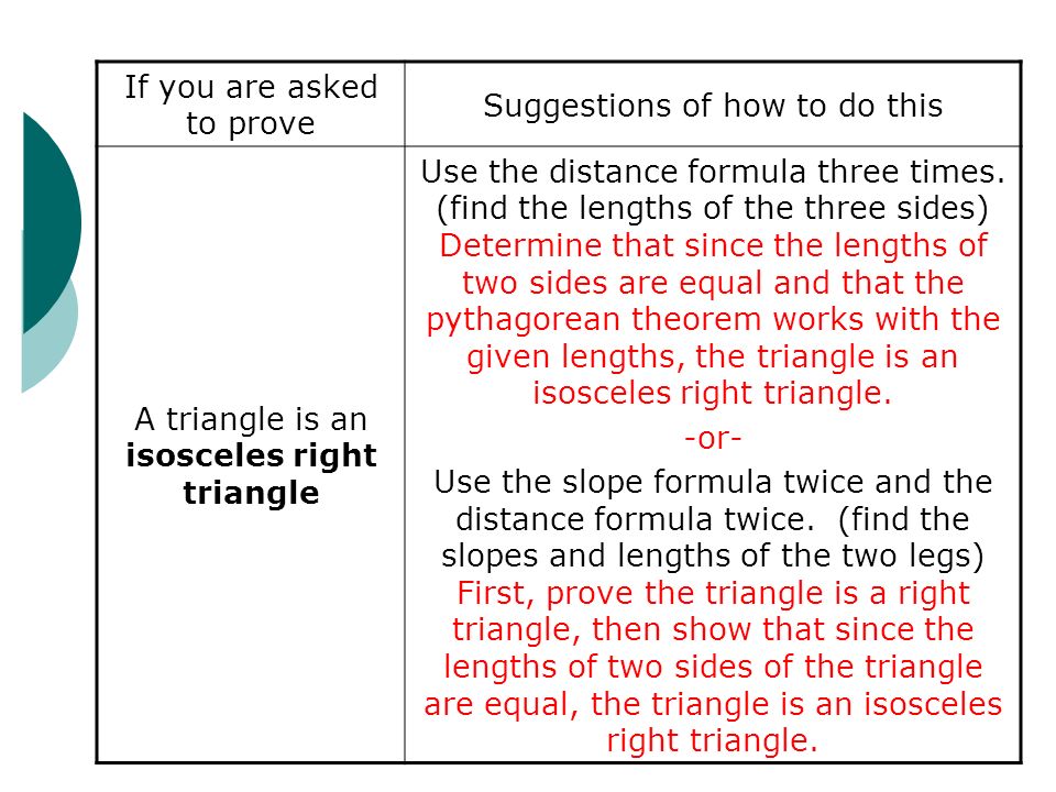 If you are asked to prove Suggestions of how to do this A triangle is an isosceles right triangle Use the distance formula three times.