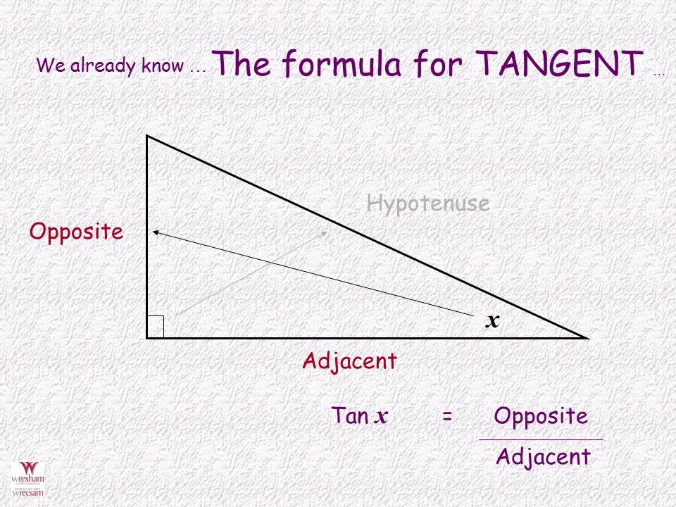 We already know … The formula for TANGENT … x Opposite Hypotenuse Tan x = Opposite Adjacent