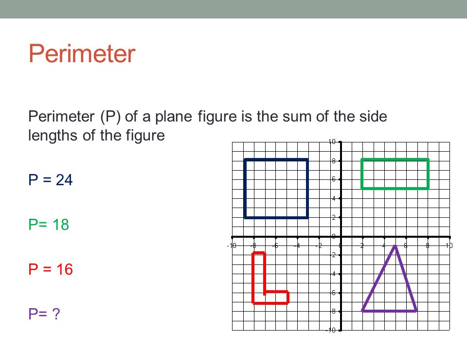 Perimeter Perimeter (P) of a plane figure is the sum of the side lengths of the figure P = 24 P= 18 P = 16 P=