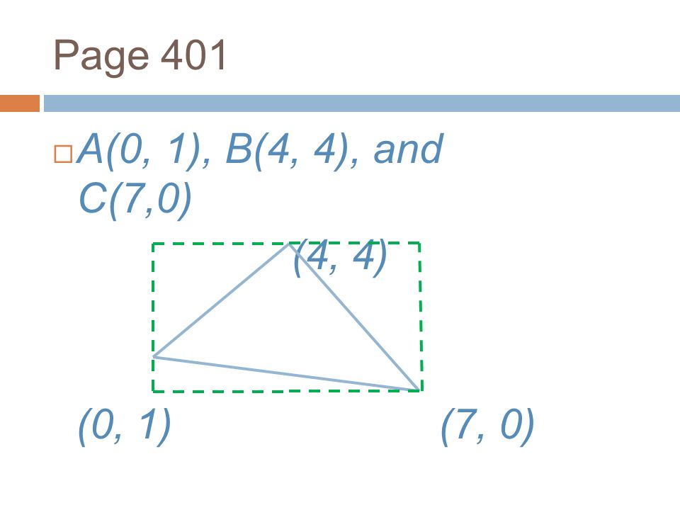 Page 401  A(0, 1), B(4, 4), and C(7,0) (4, 4) (0, 1) (7, 0)
