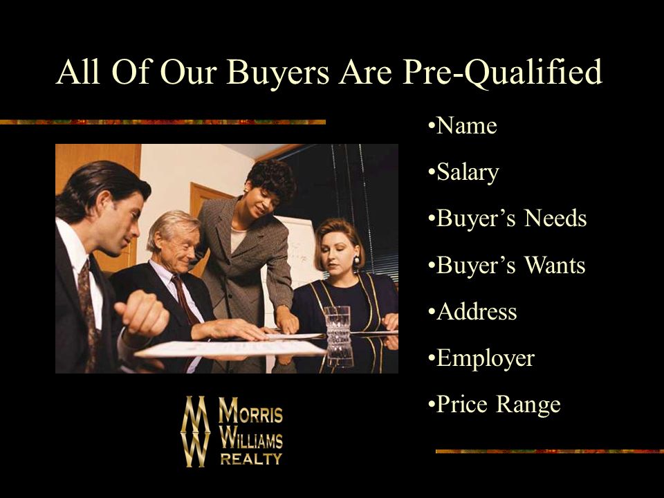 All Of Our Buyers Are Pre-Qualified Name Salary Buyer’s Needs Buyer’s Wants Address Employer Price Range