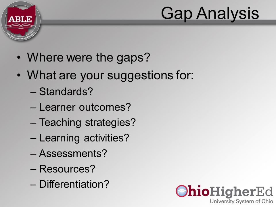 Gap Analysis Where were the gaps. What are your suggestions for: –Standards.