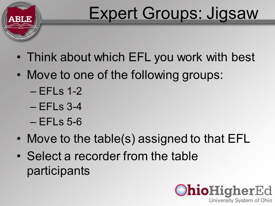 Expert Groups: Jigsaw Think about which EFL you work with best Move to one of the following groups: –EFLs 1-2 –EFLs 3-4 –EFLs 5-6 Move to the table(s) assigned to that EFL Select a recorder from the table participants